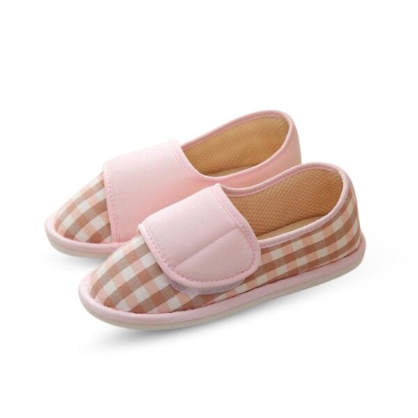 Chausson Orthopédique Femme à Scratch Réglable, chausson pour diabétique rose carreau