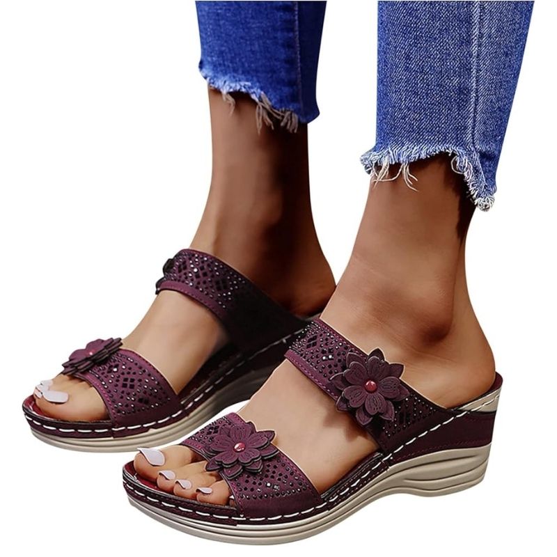 Sandale Orthopédique Femme Confort à Fleurs, sandales orthopédiques grenat